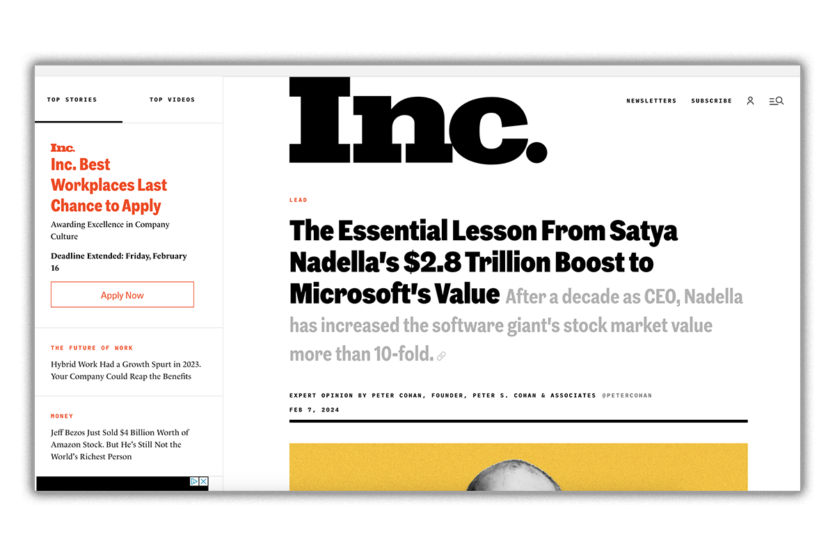 The Essential Lesson From Satya Nadella’s $2.8 Trillion Boost to Microsoft’s Value
